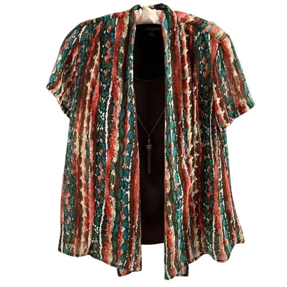 NOTATIONS Womens Brown Tank Top Boho Open-Front Blouse with Necklace Suze PS